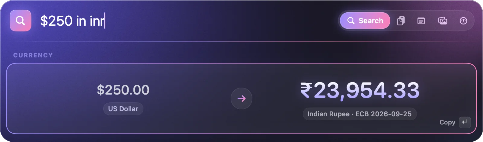 Typing $250 in inr shows ₹23,954.33 with the ECB rate date