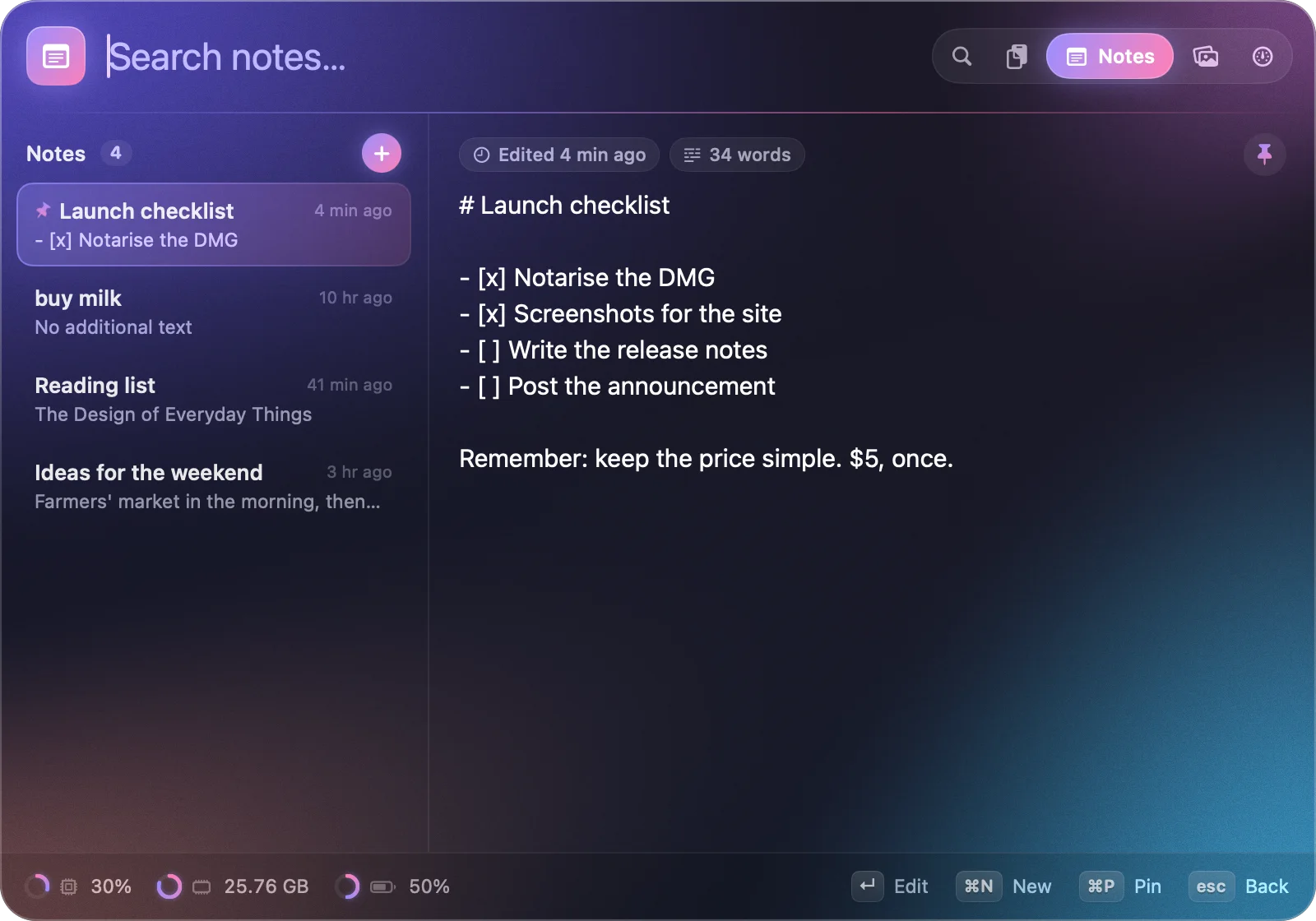 Notes: a pinned launch checklist open in the editor, with other notes in the sidebar