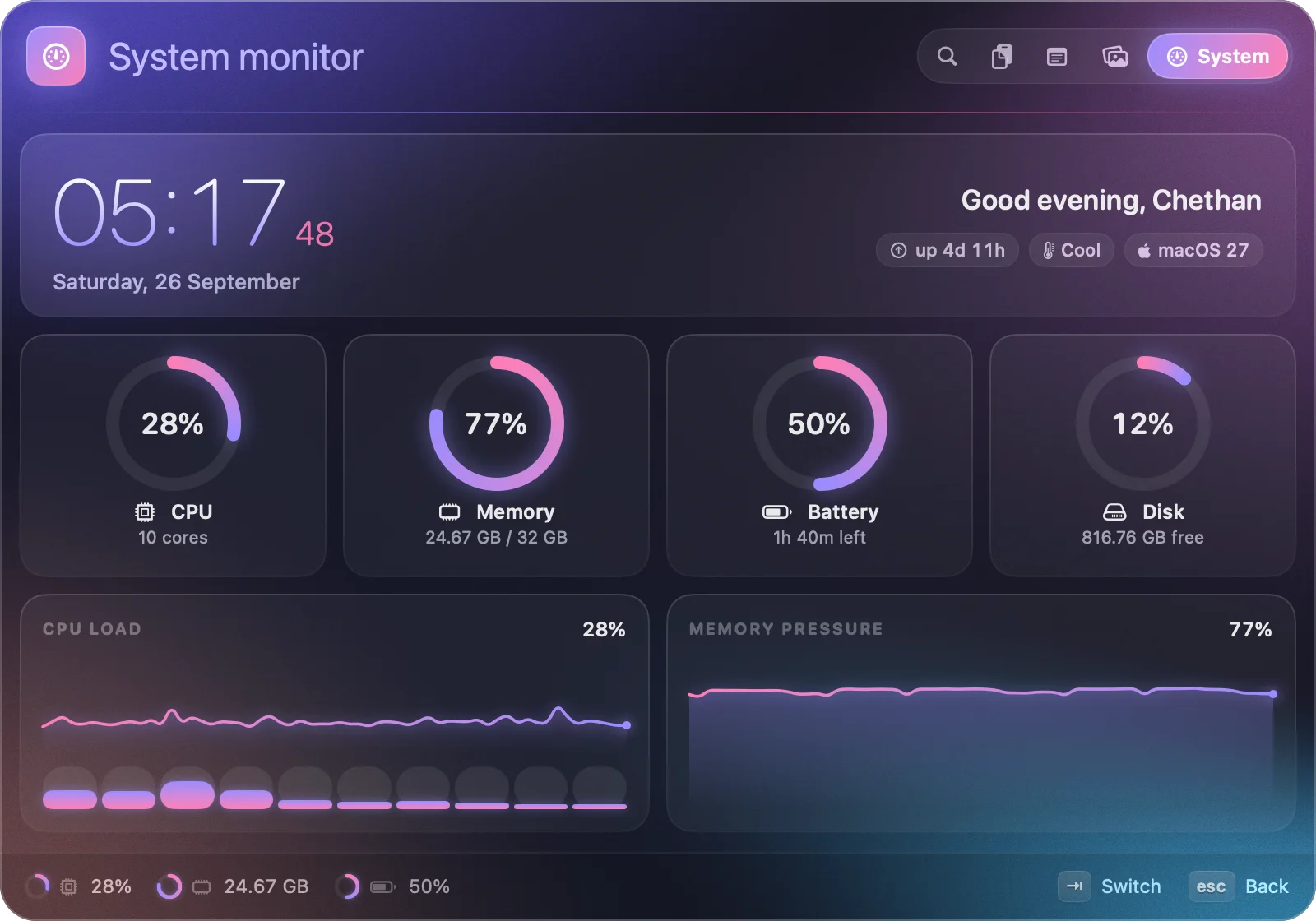 System dashboard: a large clock, CPU, memory, battery and disk gauges, and CPU load and memory pressure graphs